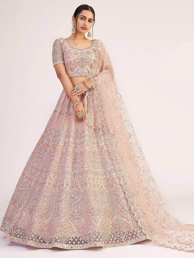 Outstanding Rose Gold Sequins Embroidered Net Wedding Wear Lehenga Choli