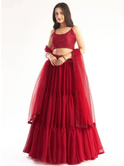 Attractive Red Sequins Georgette Ready-Made Ruffle Lehenga Choli