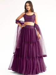 Outstanding Purple Sequins Georgette Ready-Made Ruffle Lehenga Choli
