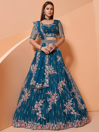 Teal Blue Cording Work Net Wedding Wear Lehenga Choli