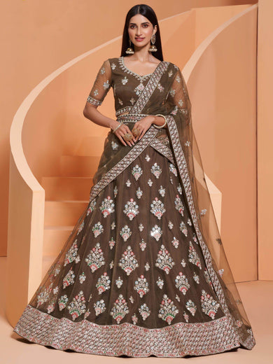 Beautiful Brown Cording Work Net Wedding Wear Lehenga Choli