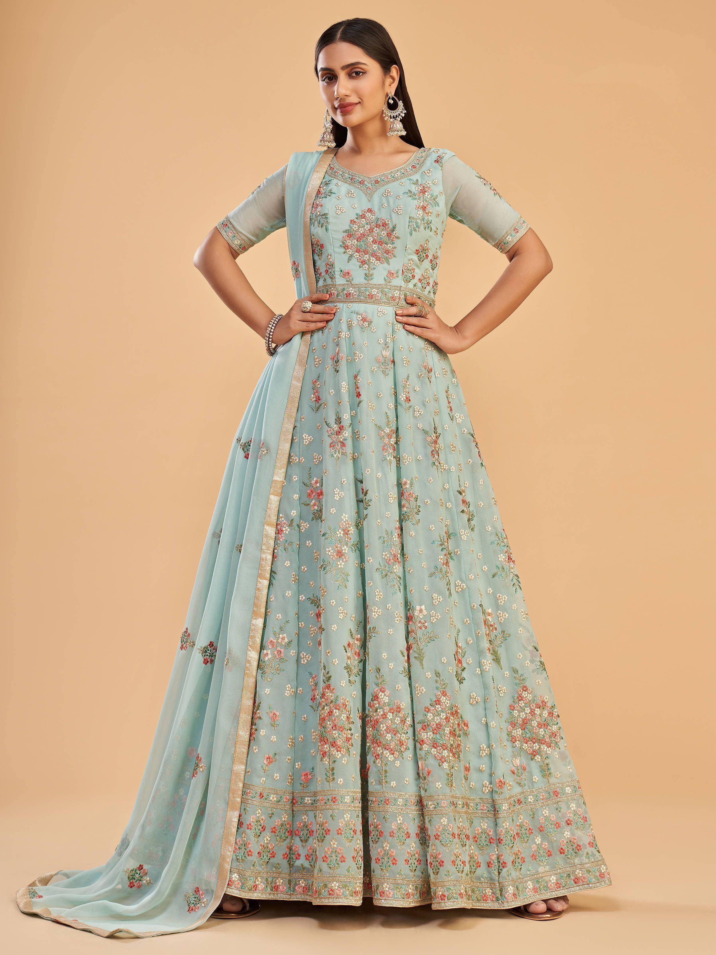 Mint green floral embroidered anarkali suit with gold trim, perfect for Indian ethnic wear occasions