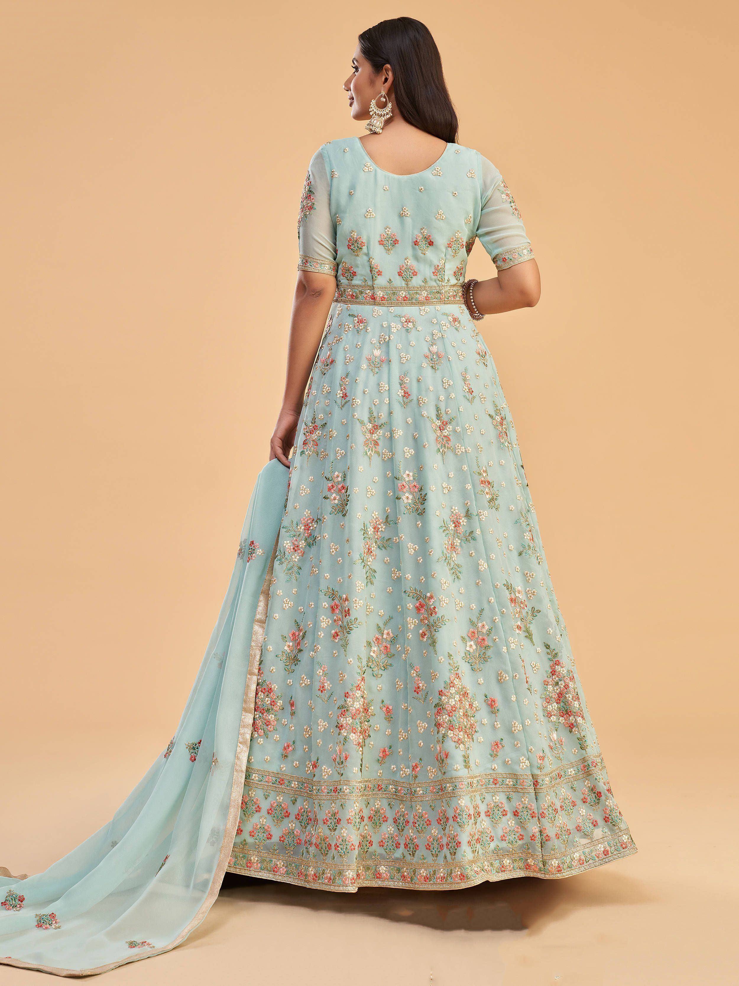 Light blue floral embroidered anarkali suit with dupatta, Indian ethnic wear for women