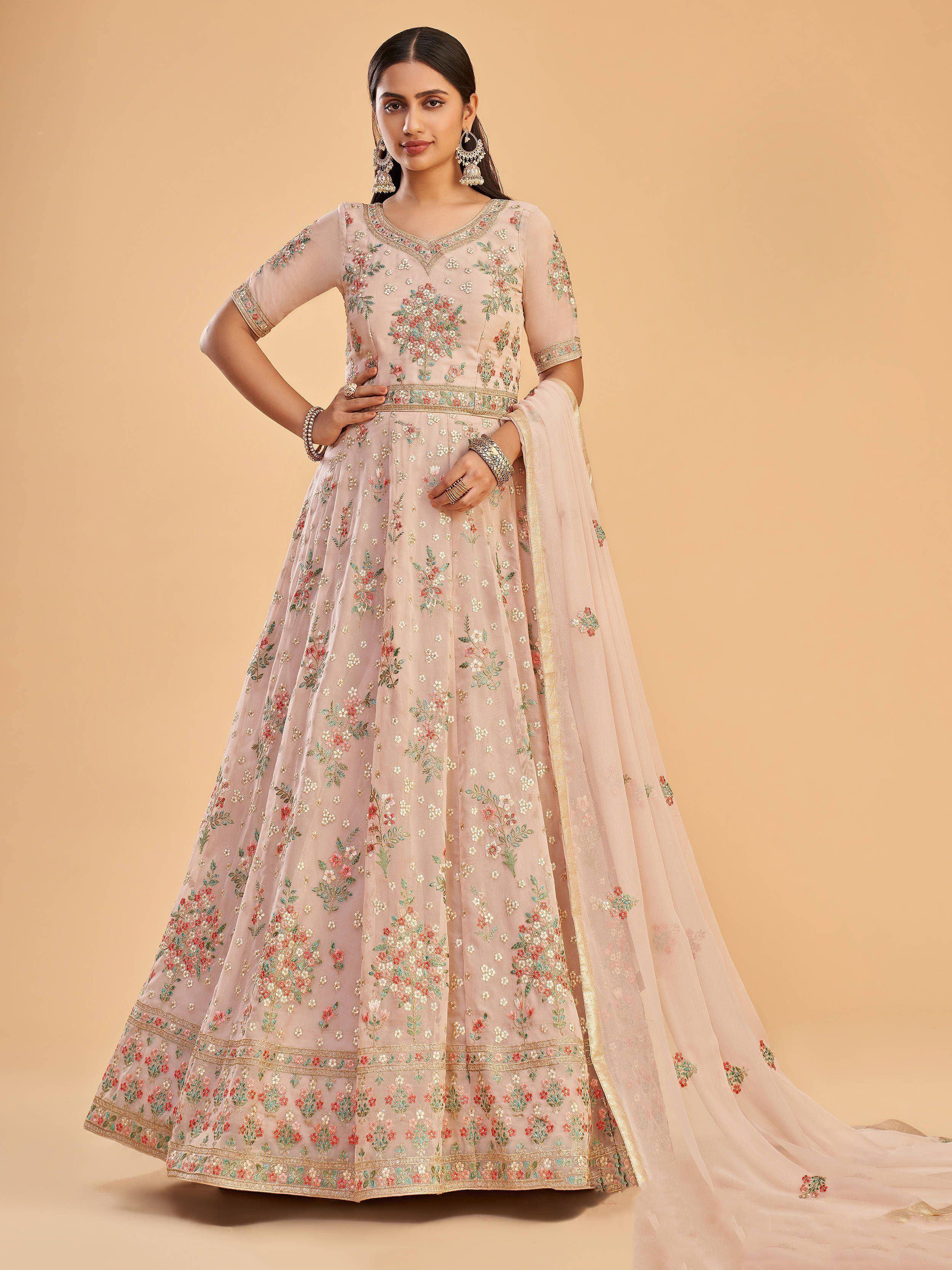 Elegant floral embroidered lehenga choli with sheer dupatta for Indian ethnic wear