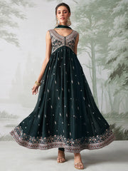 Lovely Teal Green Embroidered Organza Event Wear Gown With Dupatta