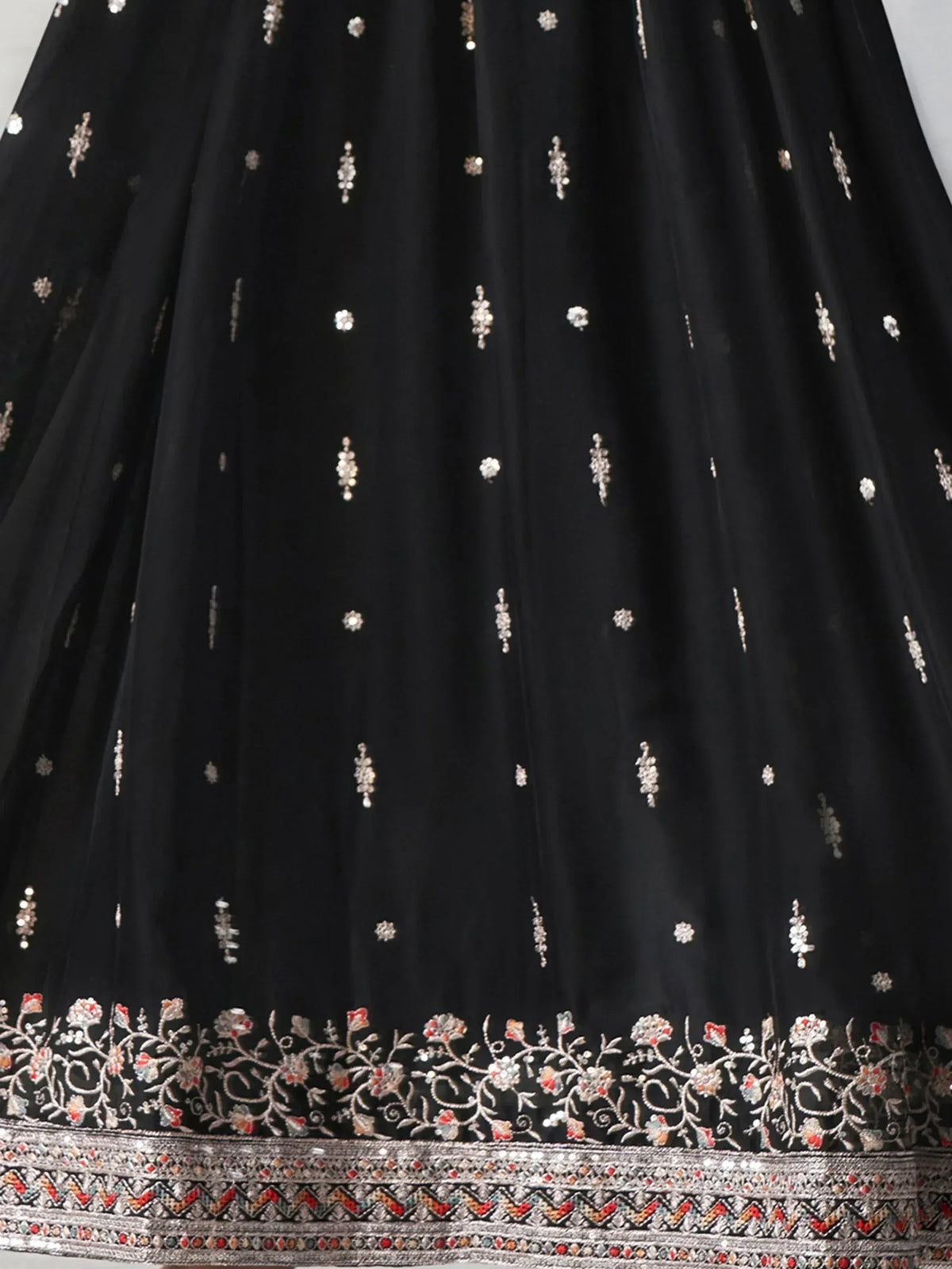 Black designer lehenga with floral embroidery and mirror work, ethnic Indian wear