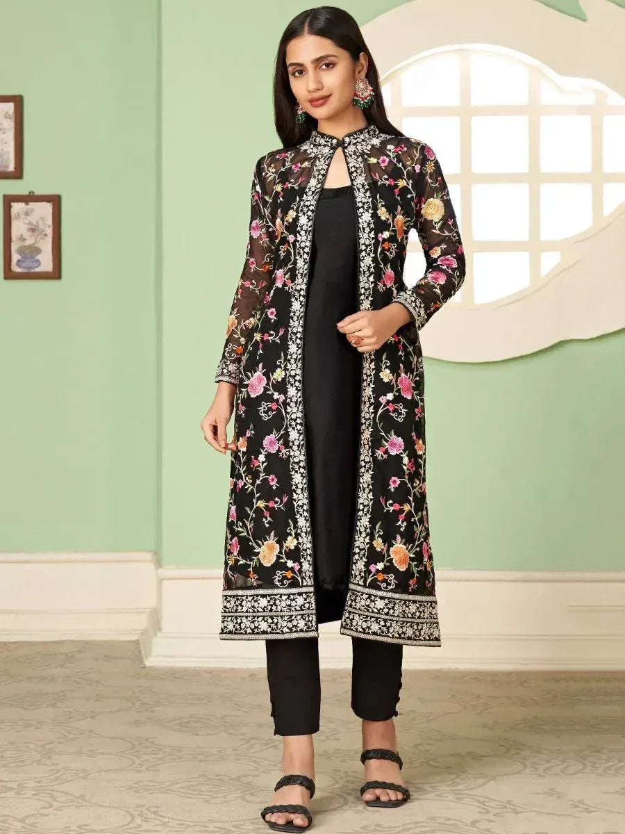 Black floral embroidered long jacket with black kurta and pants, Indian ethnic wear