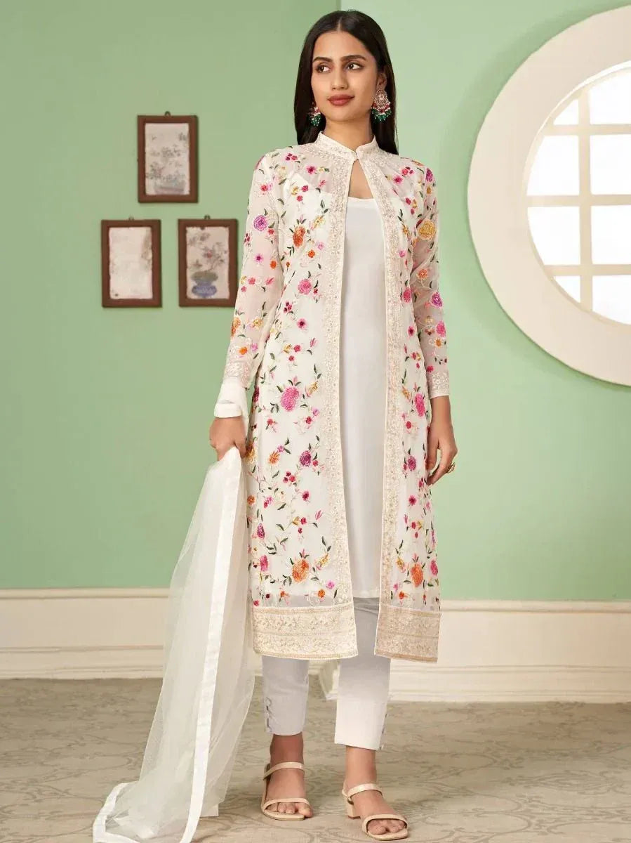 Floral embroidered white kurta with dupatta, stylish ethnic wear for women