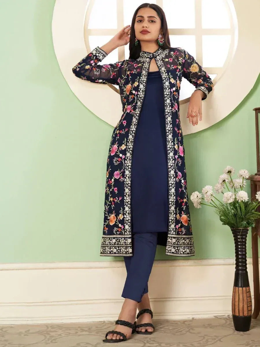 Navy blue floral embroidered kurta set with matching pants, perfect for Indian ethnic wear occasions
