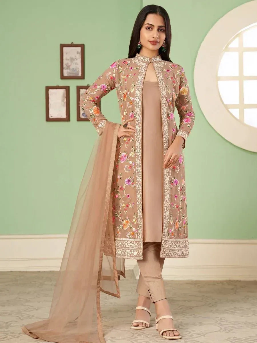 Floral embroidered beige salwar kameez with matching dupatta, stylish ethnic wear for women