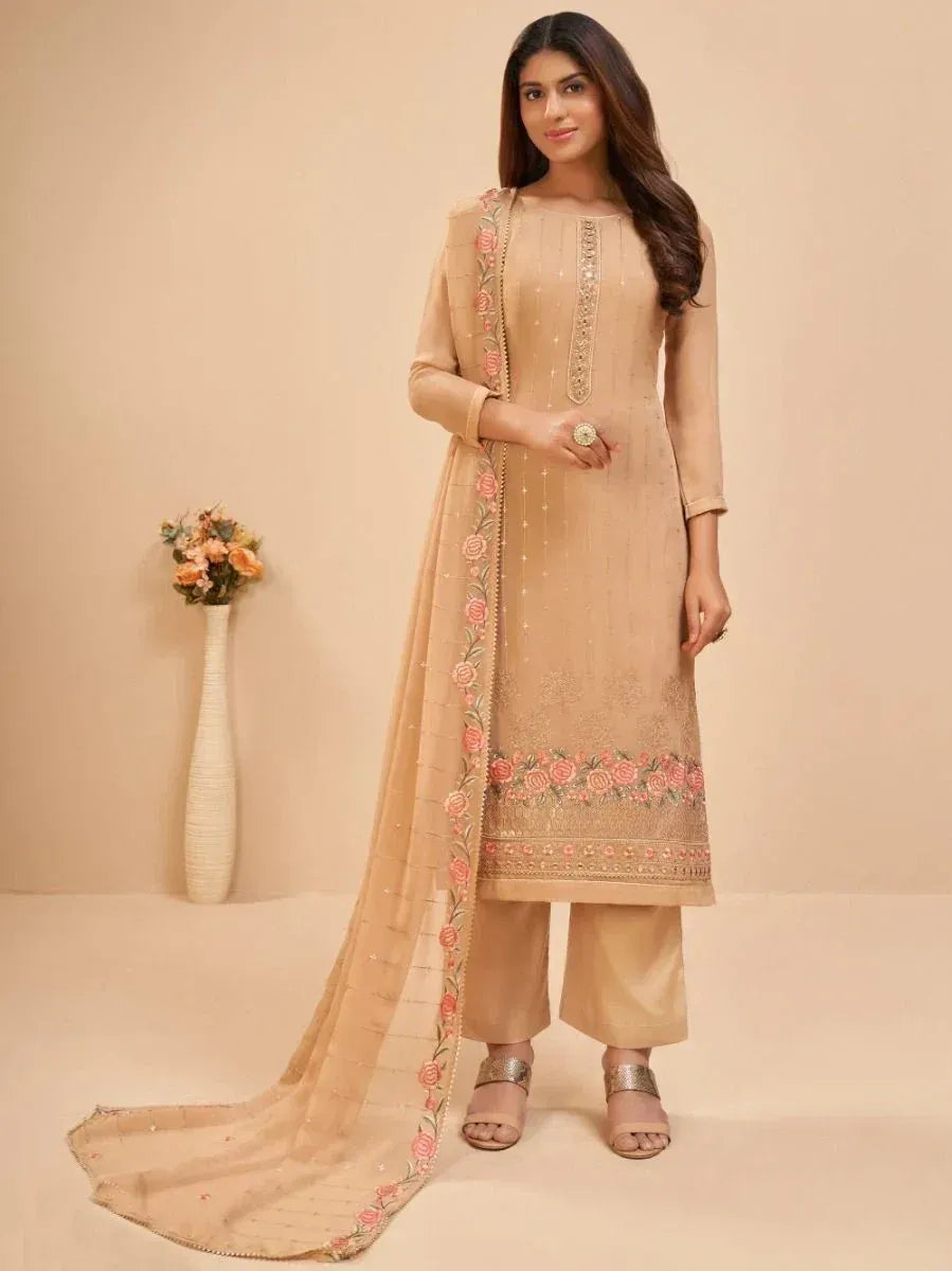 Beige embroidered salwar kameez with floral dupatta, Indian ethnic wear for women