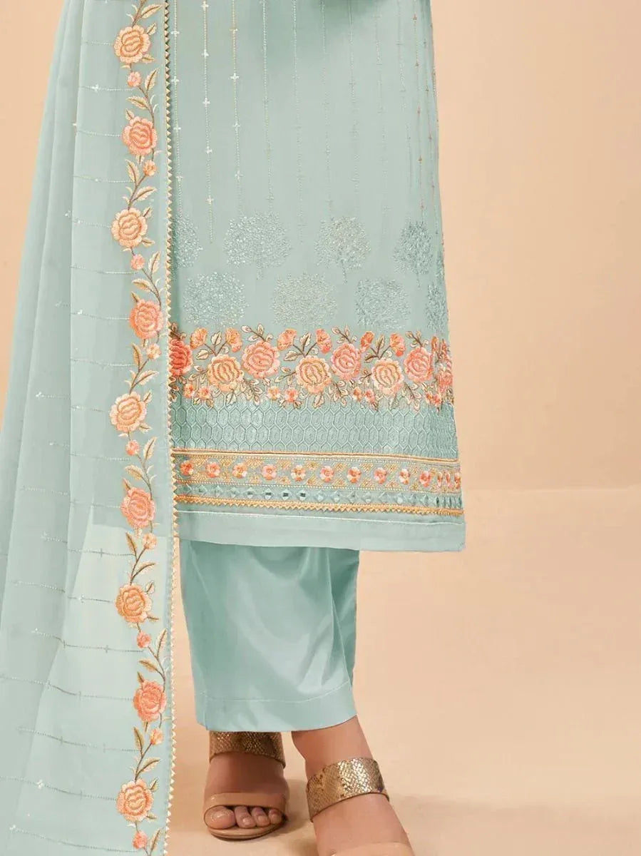 Pastel blue salwar kameez with peach floral embroidery and dupatta border details