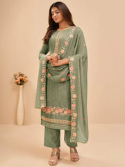 Amazing Olive Green Floral Georgette Palazzo Suit With Dupatta
