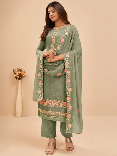 Amazing Olive Green Floral Georgette Palazzo Suit With Dupatta