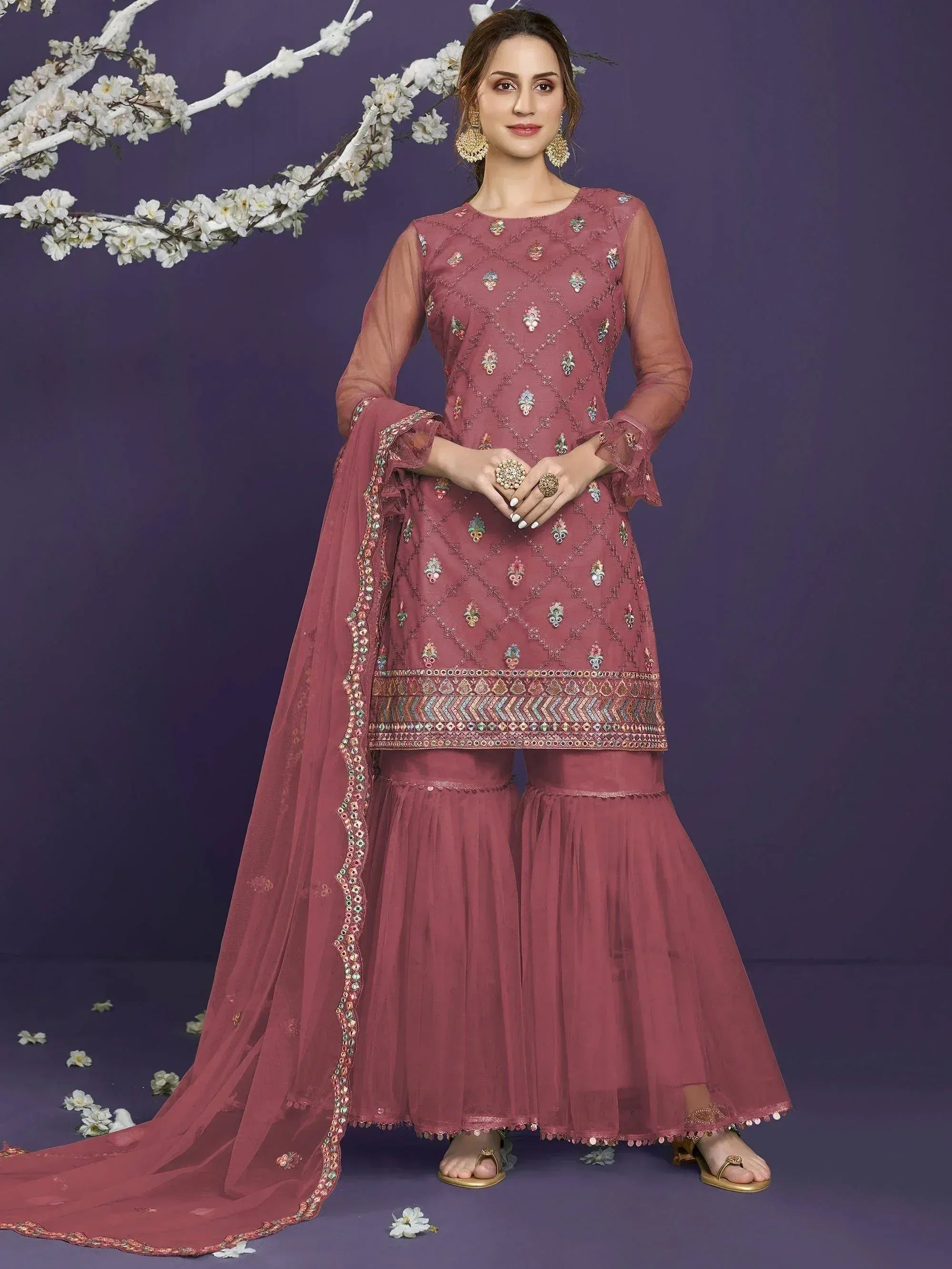 Dusty rose embroidered salwar kameez with flared pants and dupatta, perfect for Indian ethnic occasions