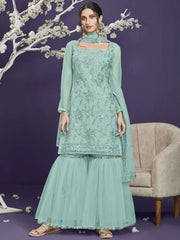 Aqua Blue Butterfly Net Wedding Wear Sharara Suit