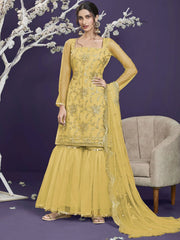 Woman in yellow embroidered sharara suit with dupatta, Indian ethnic wear by Ethnic Plus