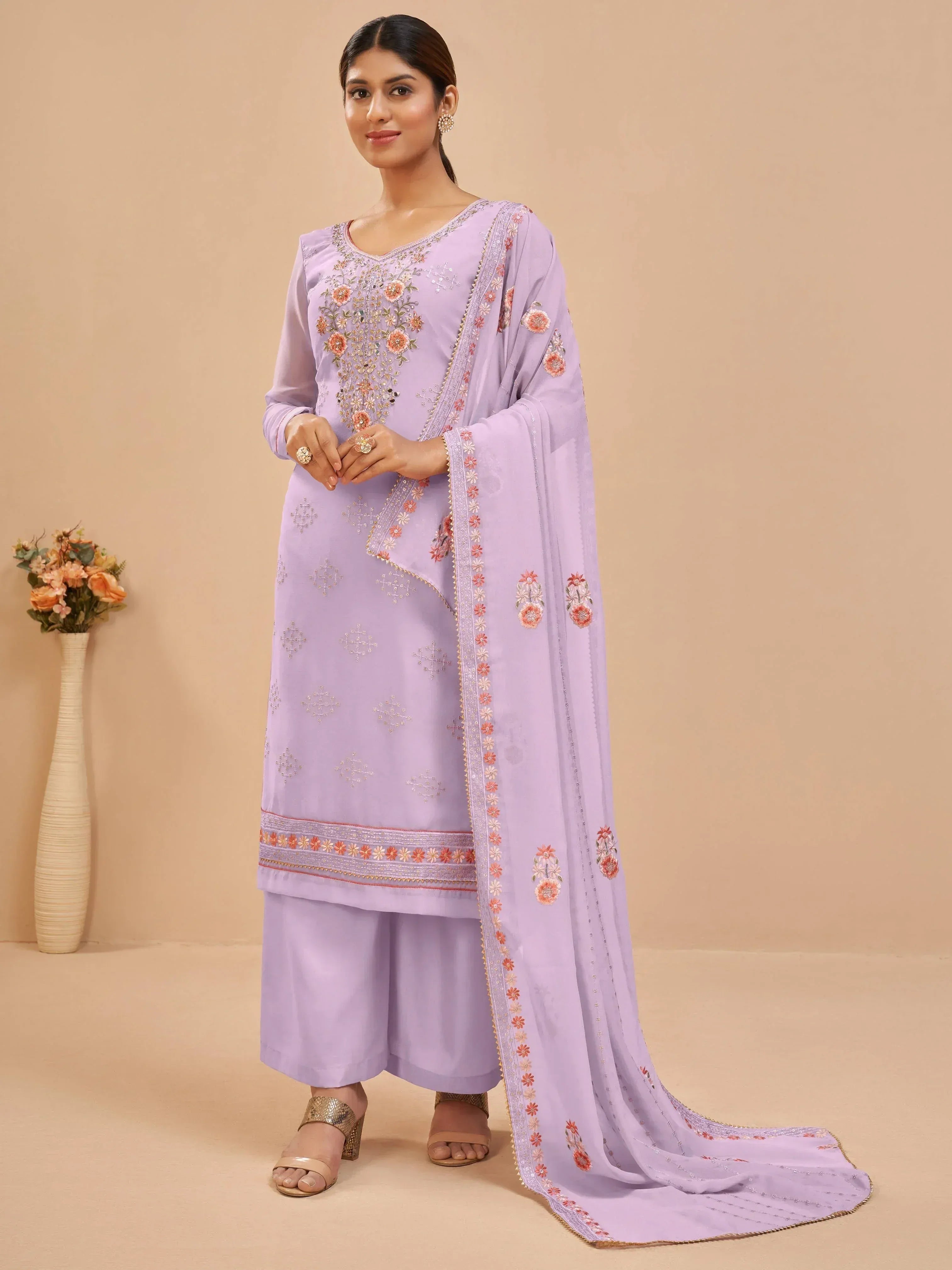 Lavender embroidered salwar kameez with floral dupatta, perfect for Indian ethnic wear occasions