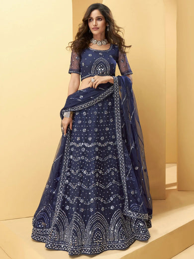 Blue Mirror Work Net Wedding Wear Lehenga Choli