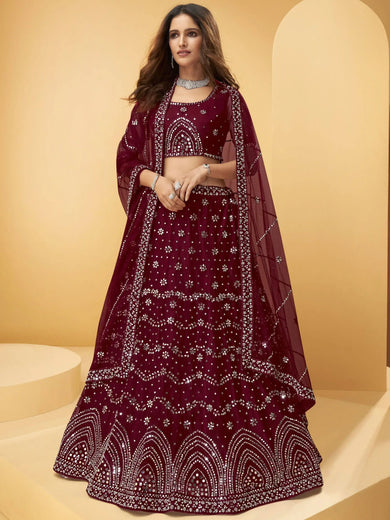 Maroon Mirror Work Net Wedding Wear Lehenga Choli