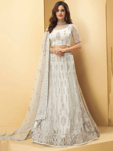 Grey Mirror Work Net Wedding Wear Lehenga Choli