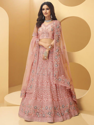 Rose Pink Hand Worked Net Bridal Wear Lehenga Choli