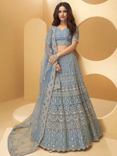 Dusty Blue Hand Worked Net Bridal Wear Lehenga Choli