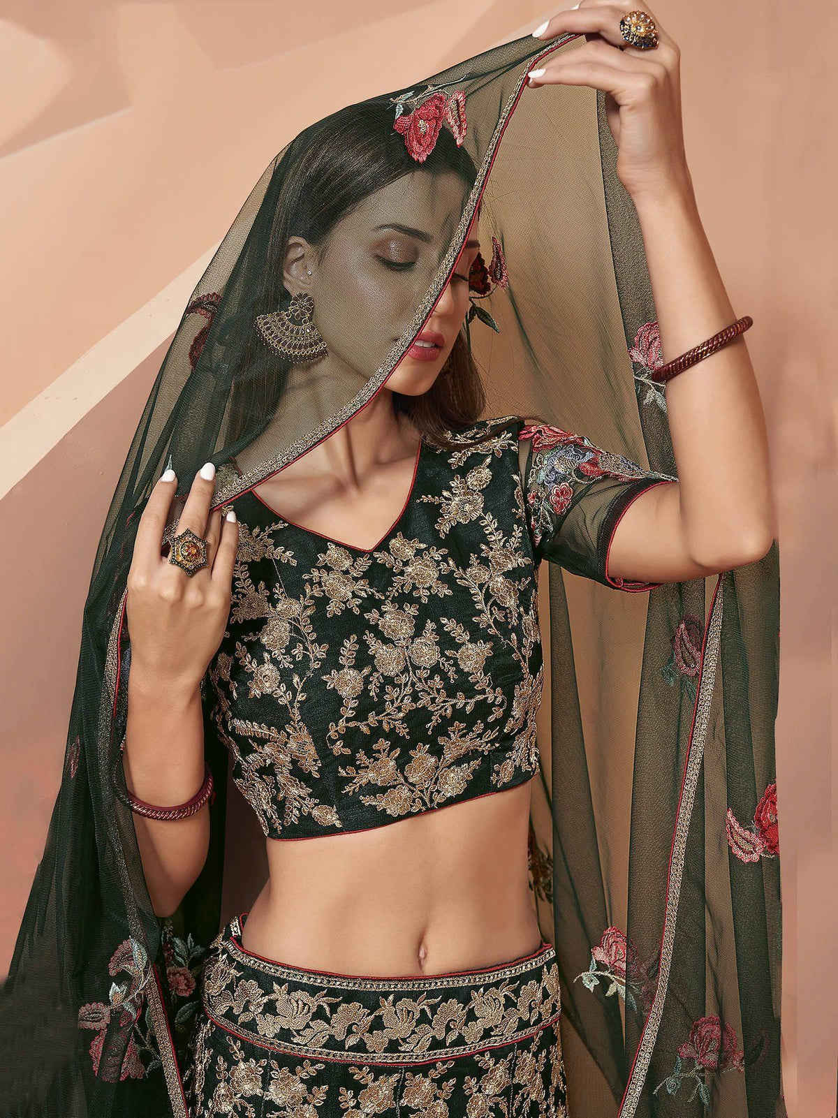 Elegant black embroidered lehenga choli with floral dupatta for Indian ethnic wear