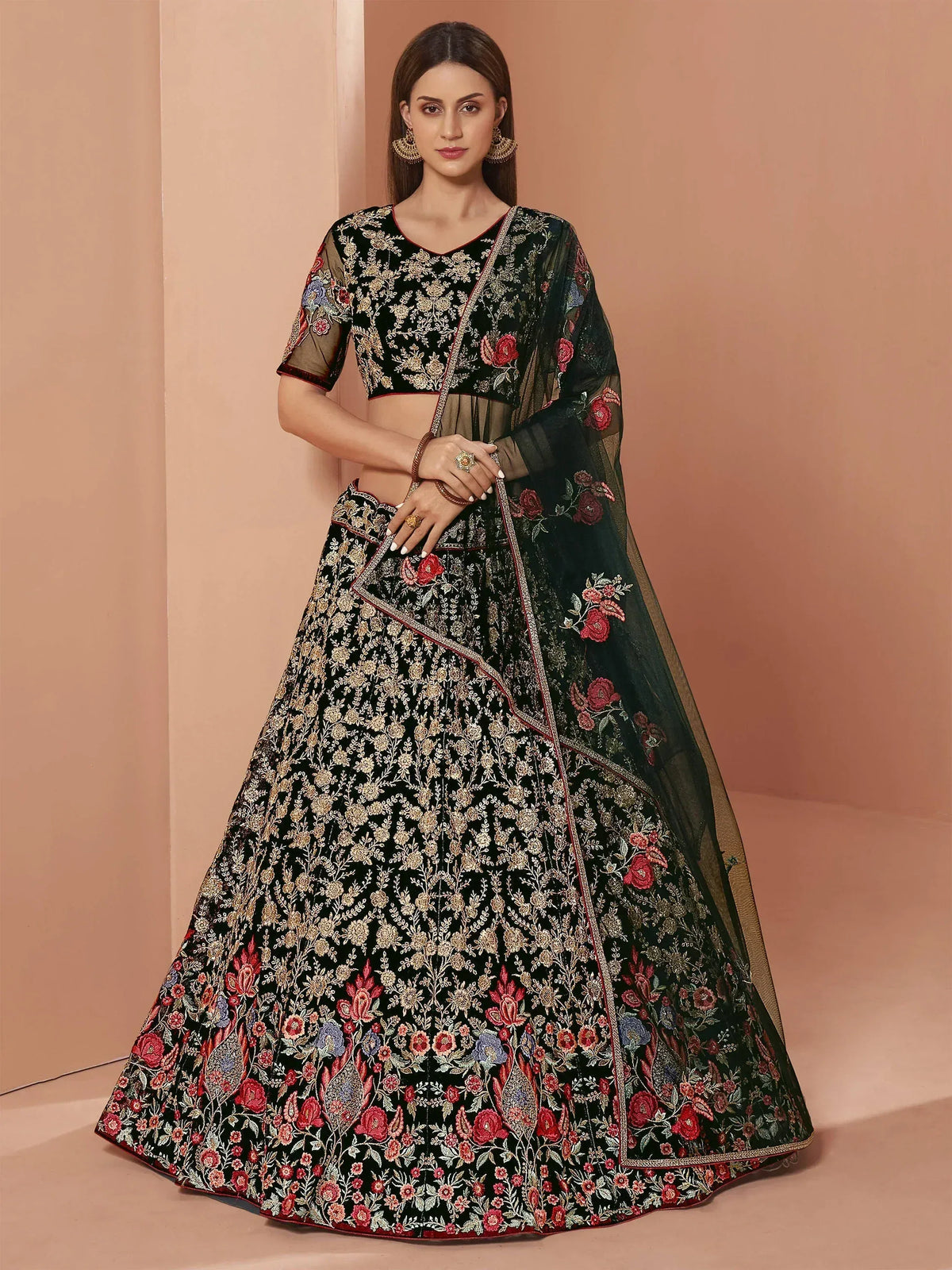 Black floral embroidered lehenga choli with sheer dupatta for Indian ethnic wear