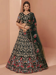 Green Floral Zari Embroidered Net Wedding Wear Lehenga Choli