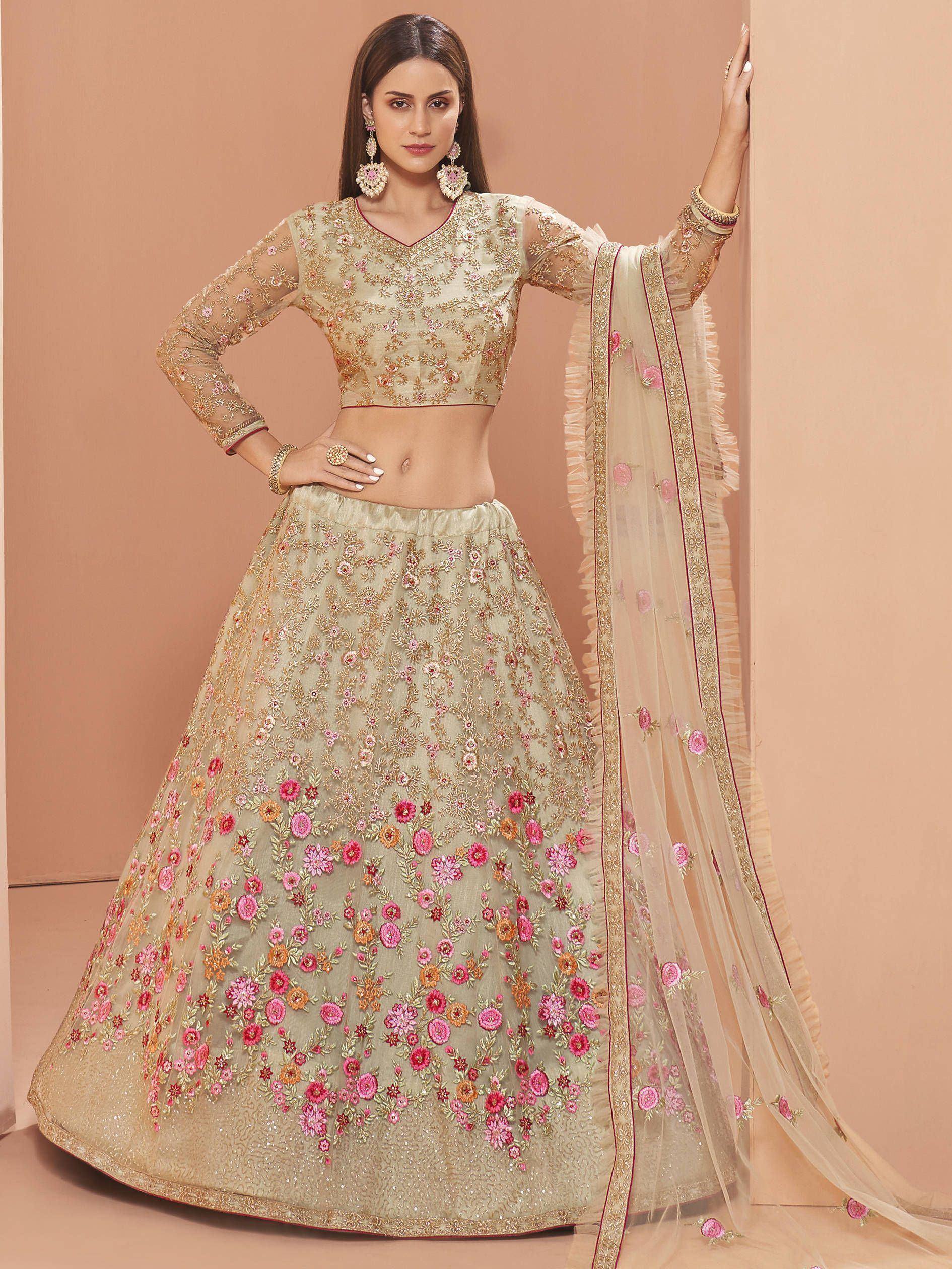 Beige floral embroidered lehenga choli with sheer dupatta, Indian ethnic wear for weddings and parties