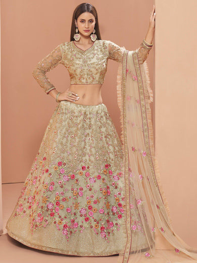 Pista Green Floral Zari Embroidered Net Wedding Wear Lehenga Choli