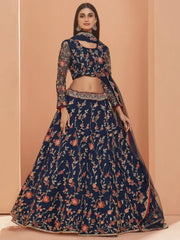 Navy Blue Floral Zari Embroidered Net Wedding Wear Lehenga Choli