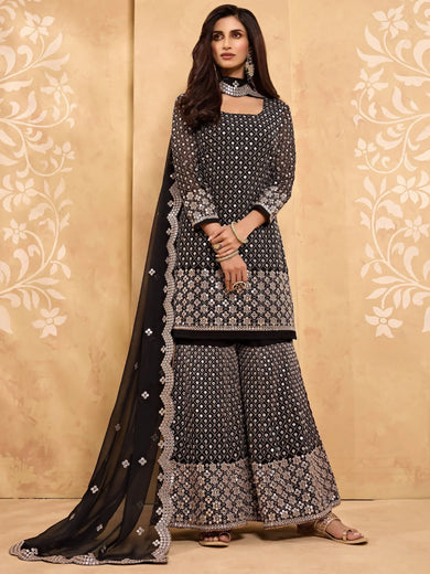 Black Zari Embroidered Georgette Festive Wear Sharara Suit