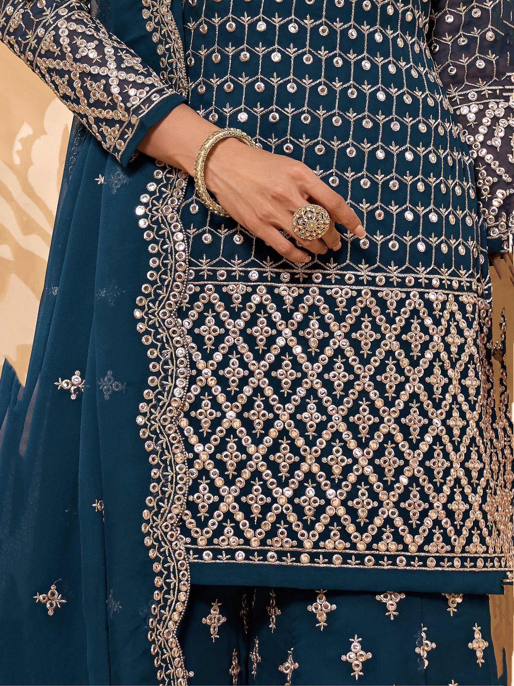 Teal designer salwar kameez with gold mirror work and embroidery, ethnic Indian wear