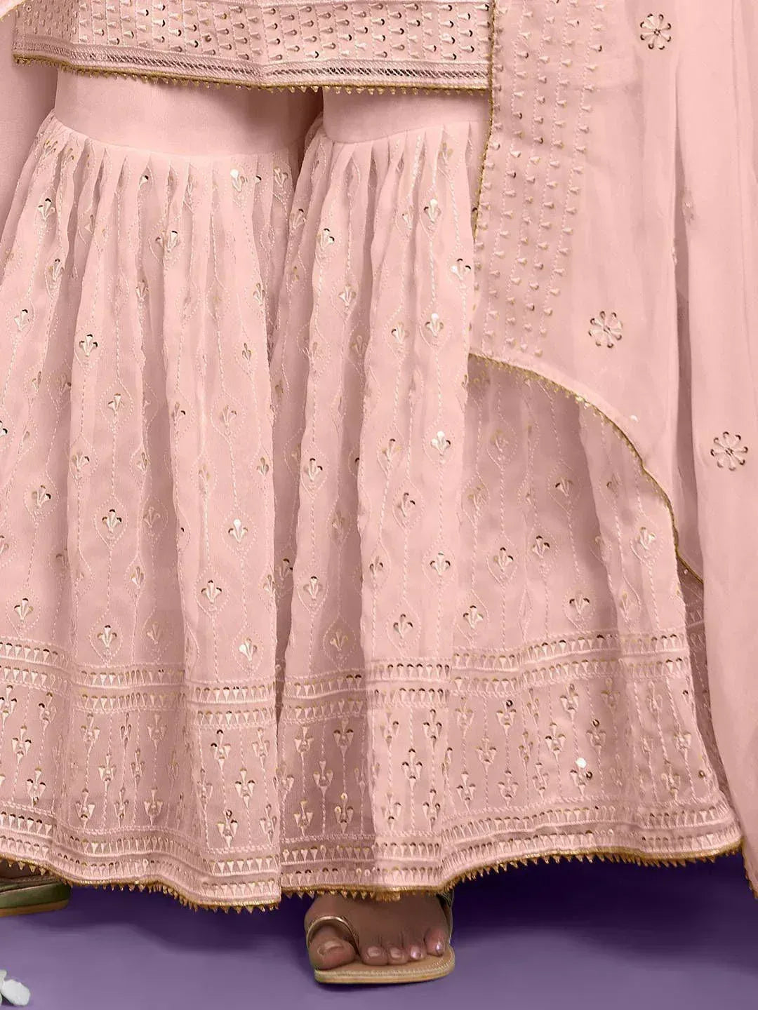 Light pink embroidered palazzo pants with gold accents, Indian ethnic wear