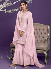 Excellent Pink Heavy Embroidered Khatli Work Georgette Sharara Suit