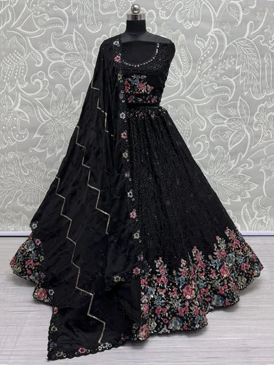 Alluring Black Sequins Chinon Sangeet Wear Lehenga Choli With Dupatta - Ethnic Plus In