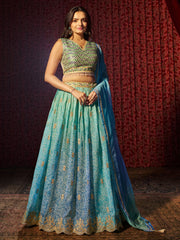 Alluring Blue Printed Organza Wedding Wear Lehenga Choli With Dupatta - Ethnic Plus In