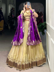 Alluring Cream Silk Traditional Lehenga Choli With Zari Weaving Dupatta - Ethnic Plus In