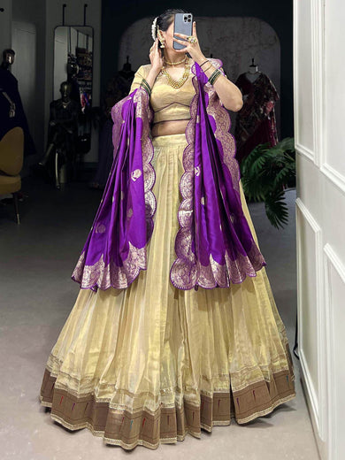 Alluring Cream Silk Traditional Lehenga Choli With Zari Weaving Dupatta - Ethnic Plus In