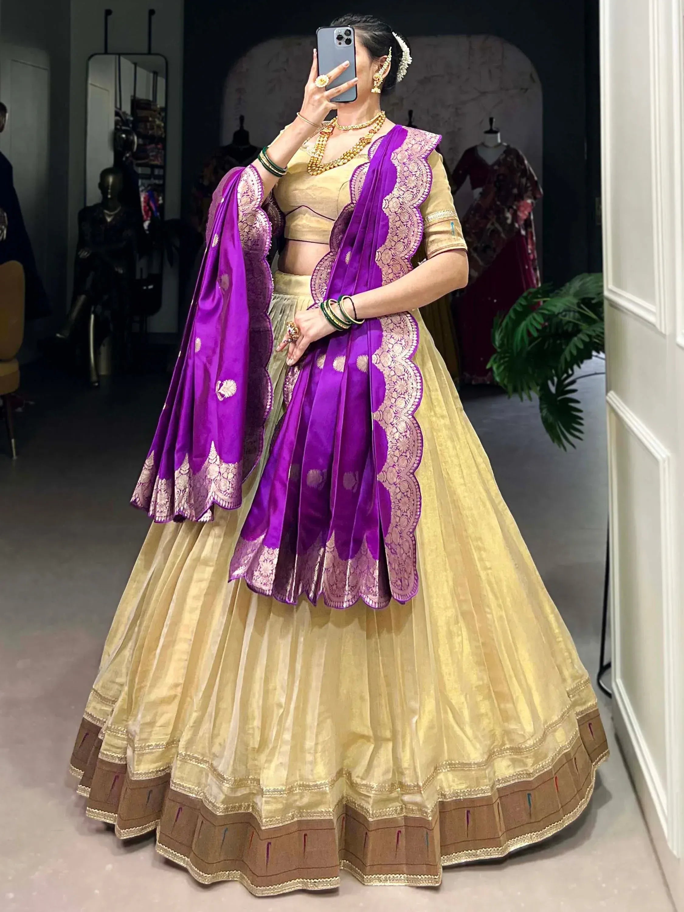 Gold lehenga choli with purple dupatta, ethnic Indian bridal wear, designer festive outfit