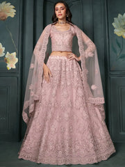 Alluring Dusty Pink Embroidered Net Bridal Wear Lehenga Choli With Dupatta - Ethnic Plus In
