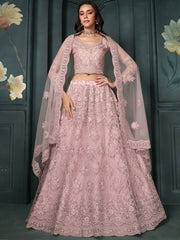 Alluring Dusty Pink Embroidered Net Bridal Wear Lehenga Choli With Dupatta - Ethnic Plus In
