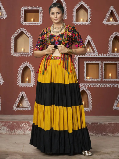 Alluring Multi Color Embroidered Navratri Lehenga Choli With Jacket - Ethnic Plus In