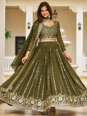 Alluring Olive Green Sequins Georgette Festival Wear Lehenga Choli - Ethnic Plus In
