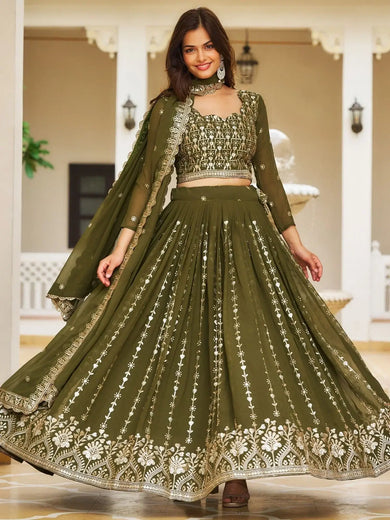 Alluring Olive Green Sequins Georgette Festival Wear Lehenga Choli - Ethnic Plus In