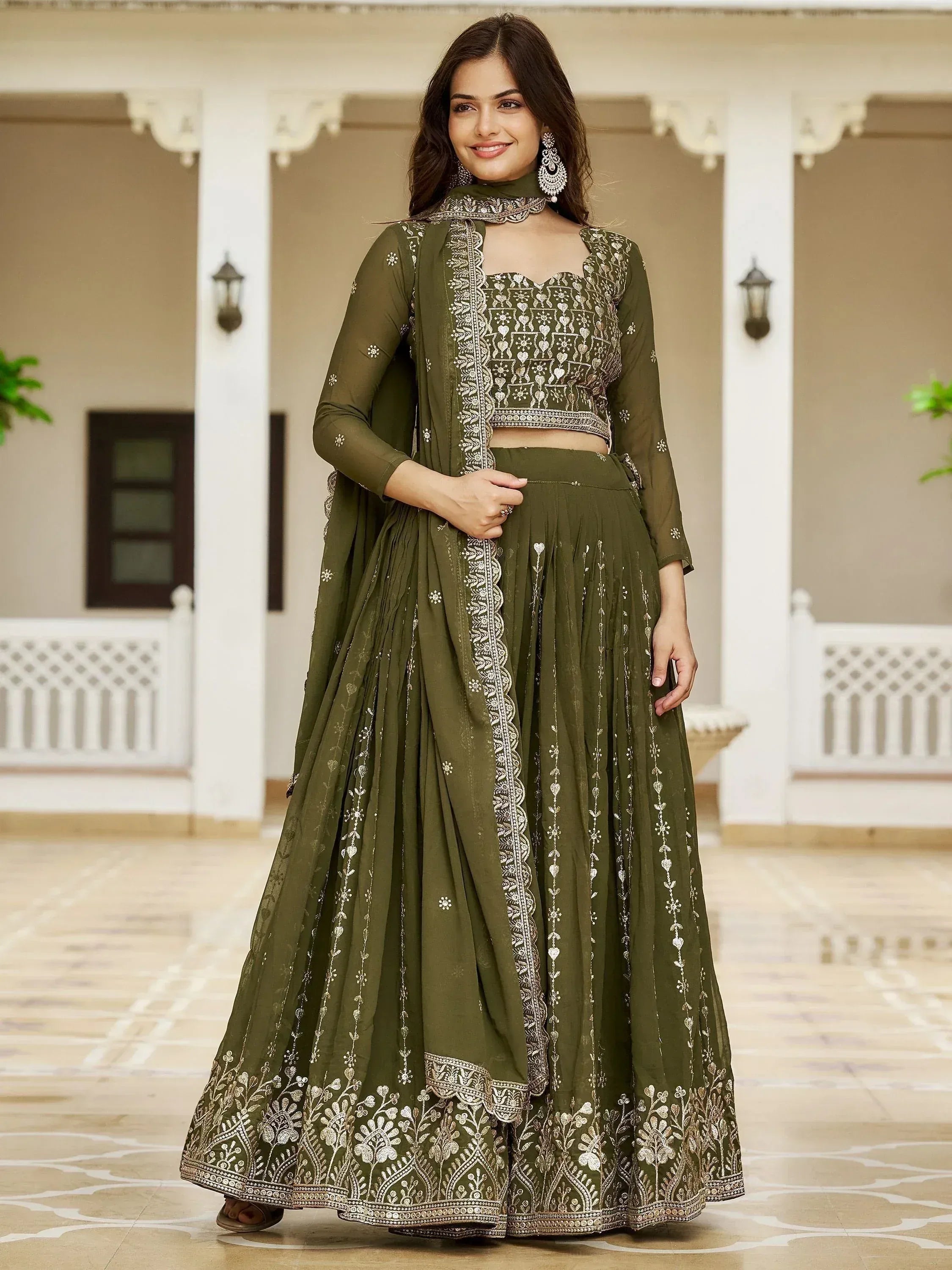 Olive green embroidered lehenga choli with sheer dupatta, Indian ethnic wear for women