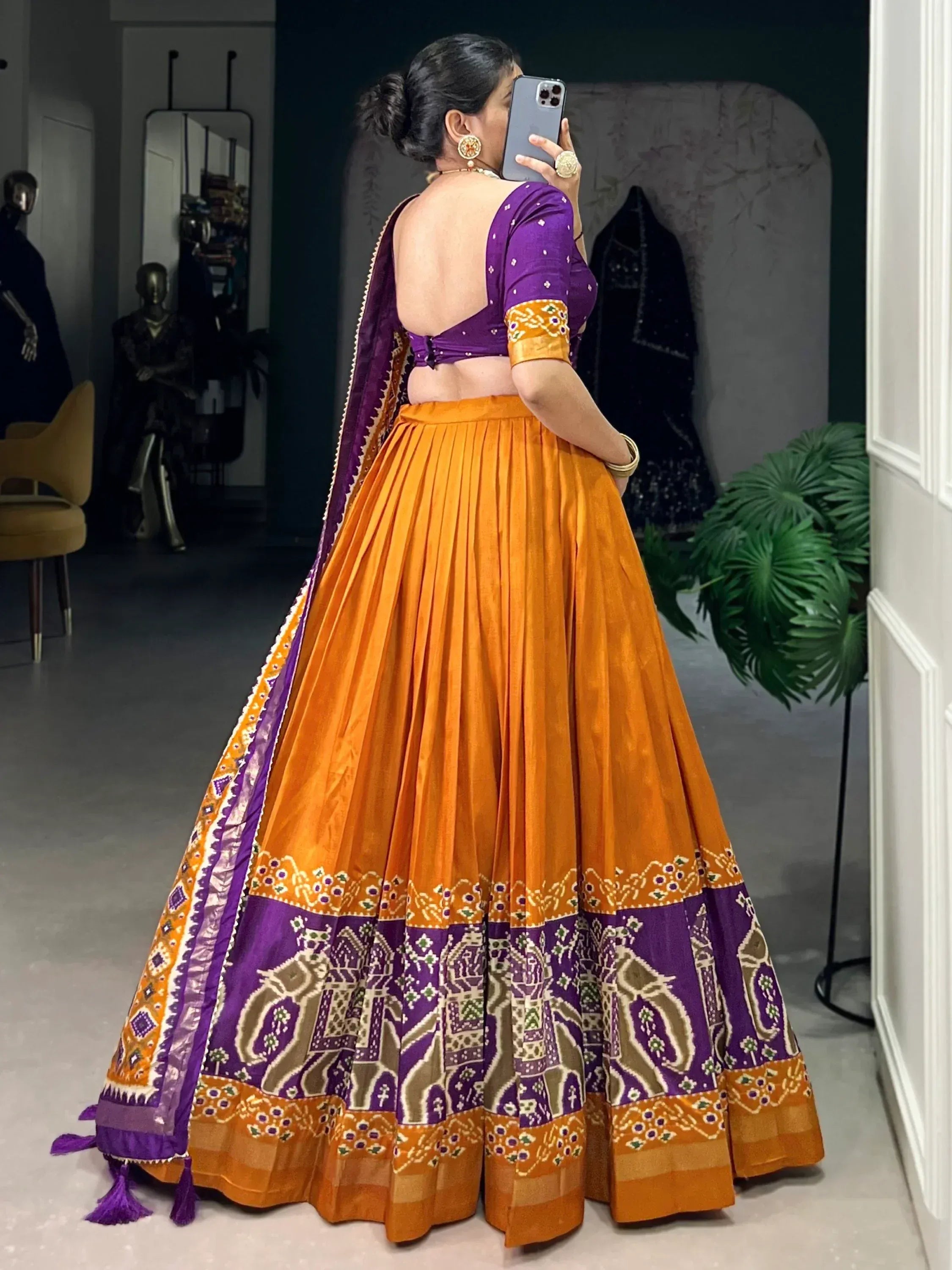 Purple and orange designer lehenga choli with backless blouse and printed skirt, ethnic wear