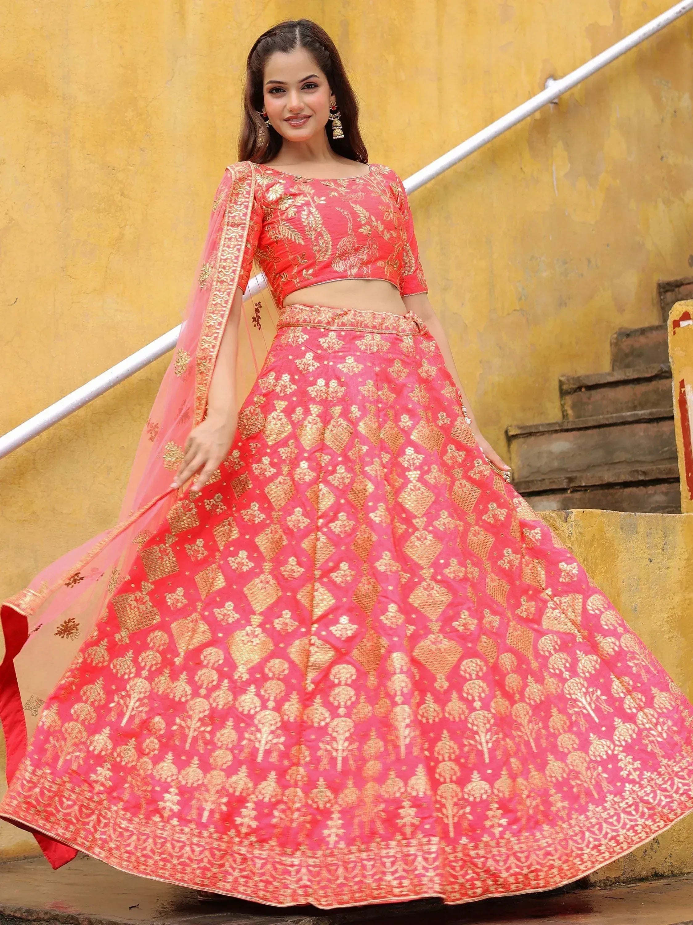 Pink and gold embroidered lehenga choli with dupatta, Indian ethnic wear for weddings and festivals